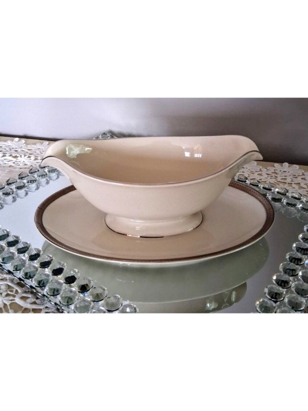 Pickard China Geneva Gravy Boat & Underplate Platinum Trim Hand Decorated USA
